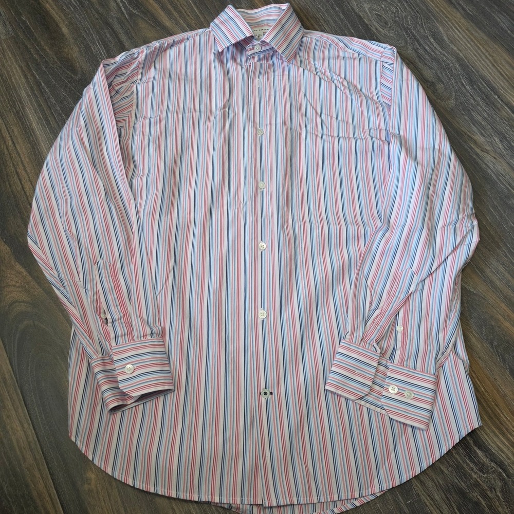 Banana Republic Mens Striped Button Down Shirt Red White Blue Cotton M 15-15.5